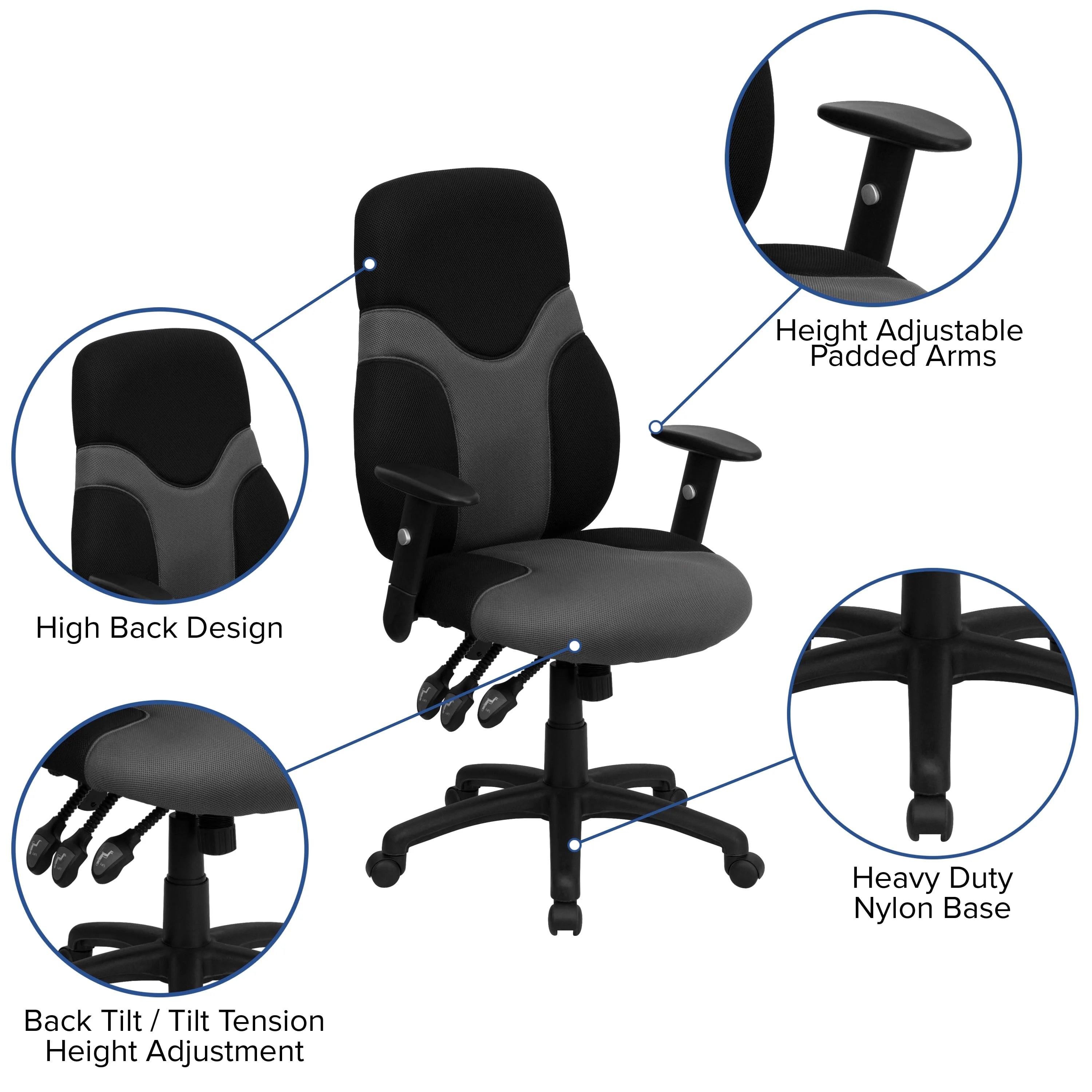 Black and Gray Mesh Swivel Task Office Chair with Adjustable Arms M231341