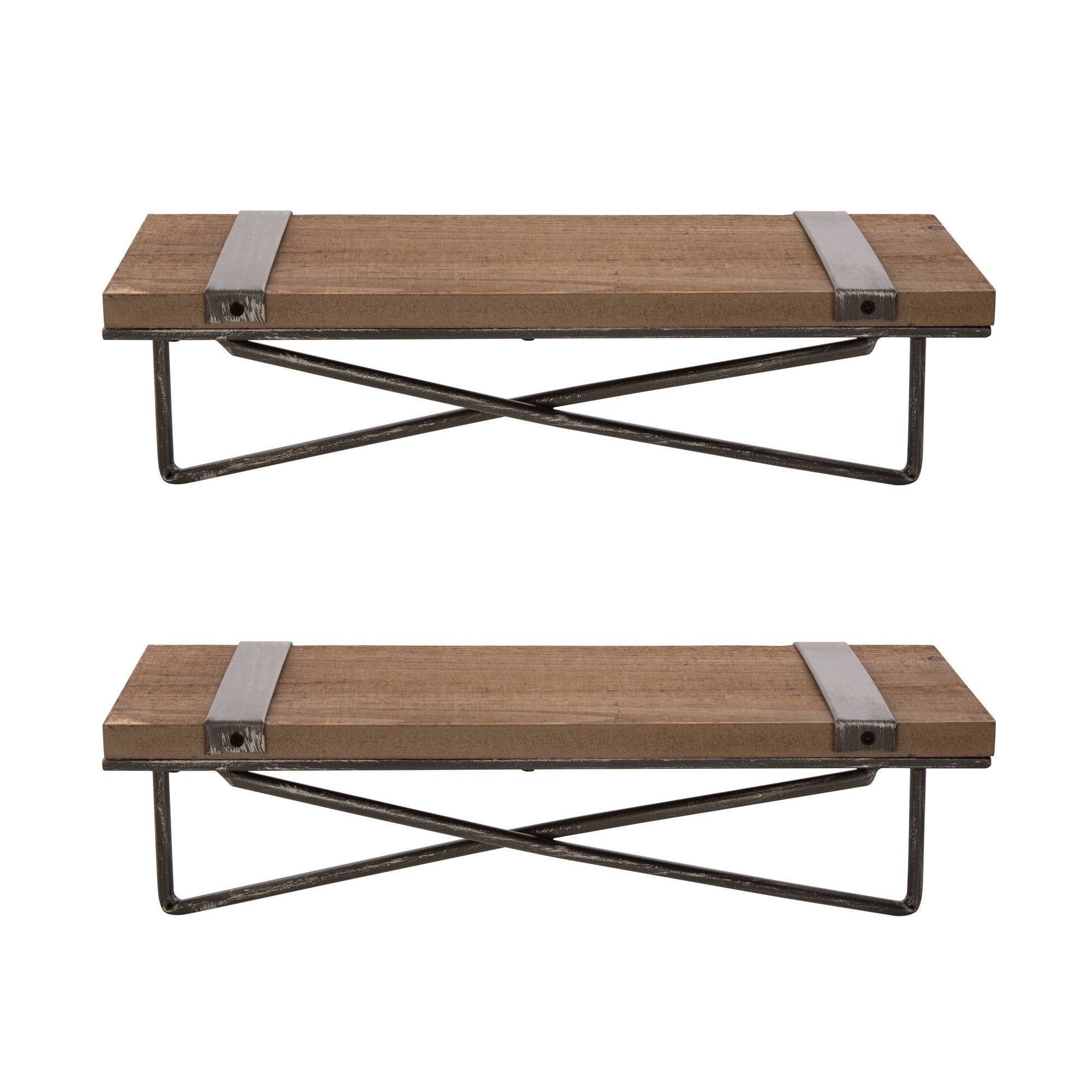 Farmhouse Rustic Metal Wooden Wall Shelf Set of Two E2866