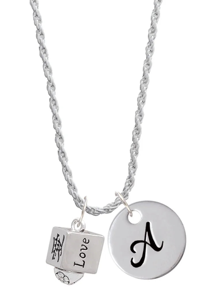 Silvertone Chinese Symbol Love Square Spinner Script Initial Disc Charm Necklace, 20"+3" F69145