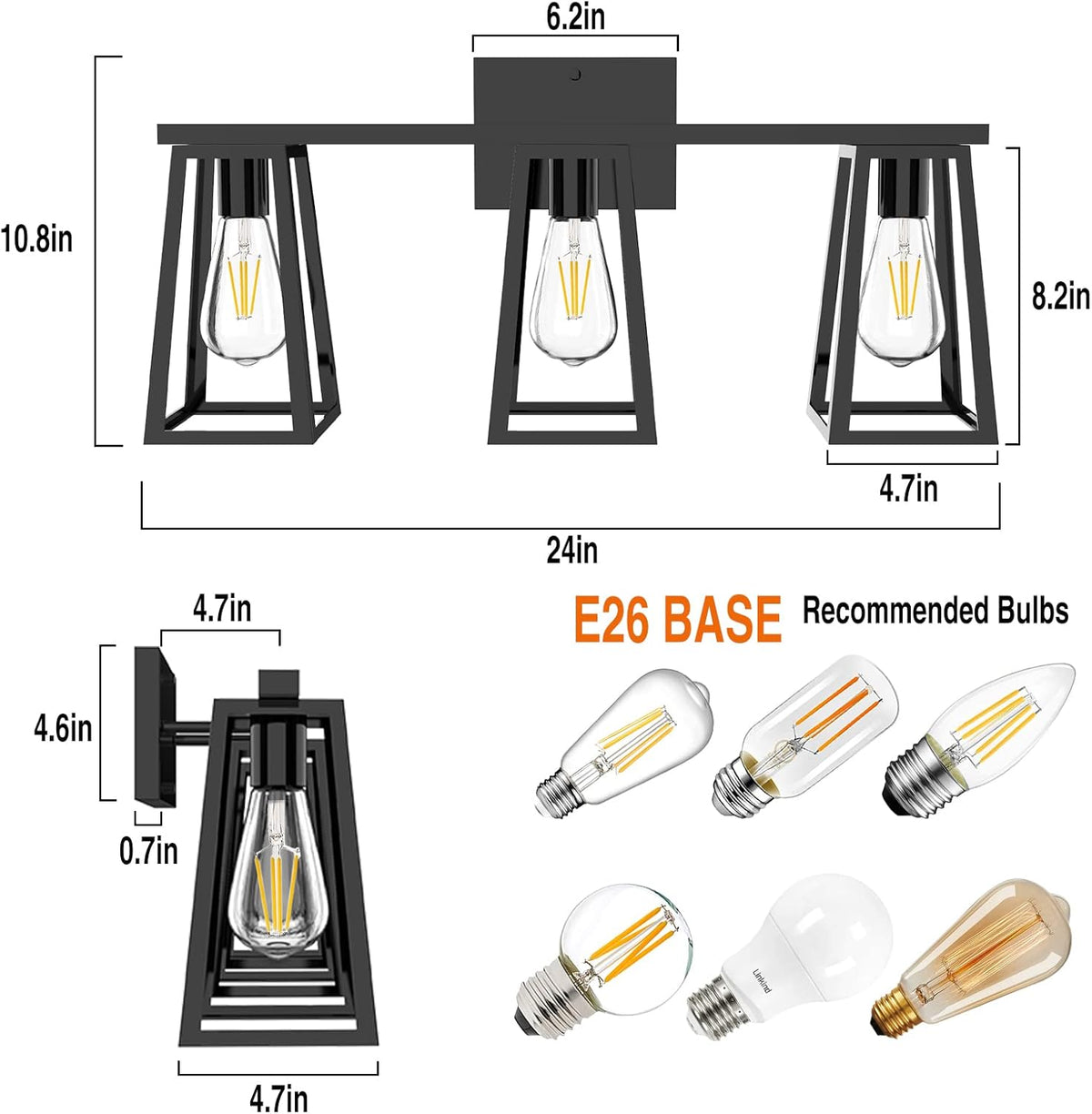 3-Light Matte Black Retro Vanity Light with Amber Glass LED Bulbs S835
