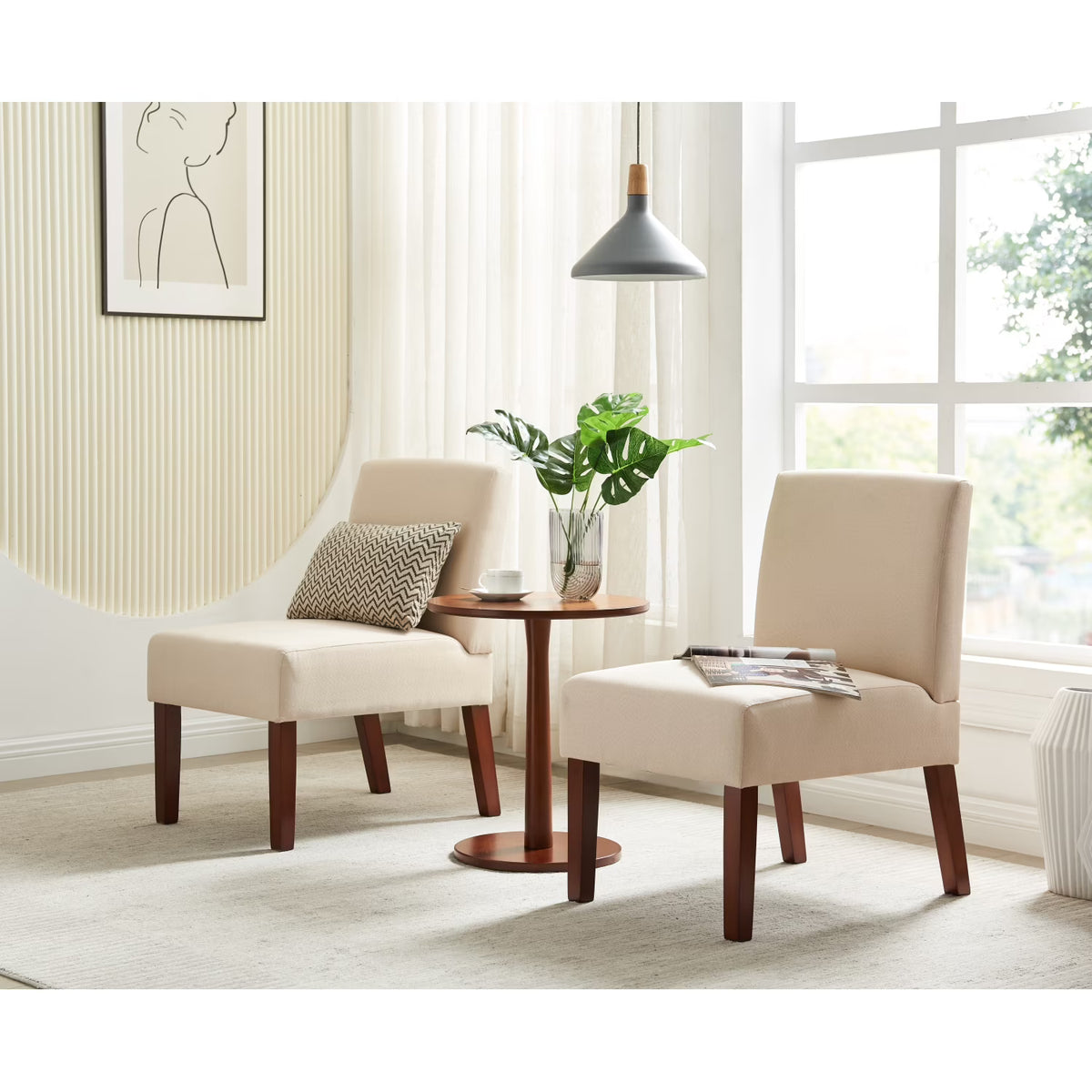 Fabric Accent Chair Set of 2 with Round Wood Table J425619