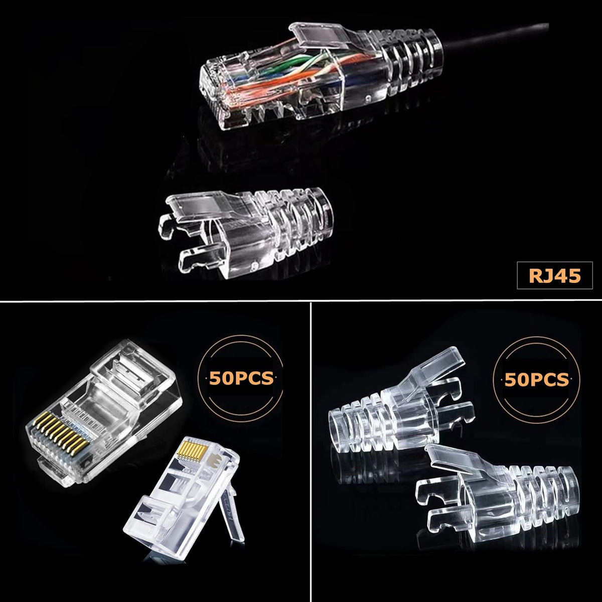 RJ45 Crimp Tool Ethernet Cable Crimper Wire Cutter Stripper Network Pass Through Crimping Tool Kit for Cat5e Cat6 Cat6a, 50Pcs Cat6 Connector & 50Pcs Cat6 Protector Cover K422