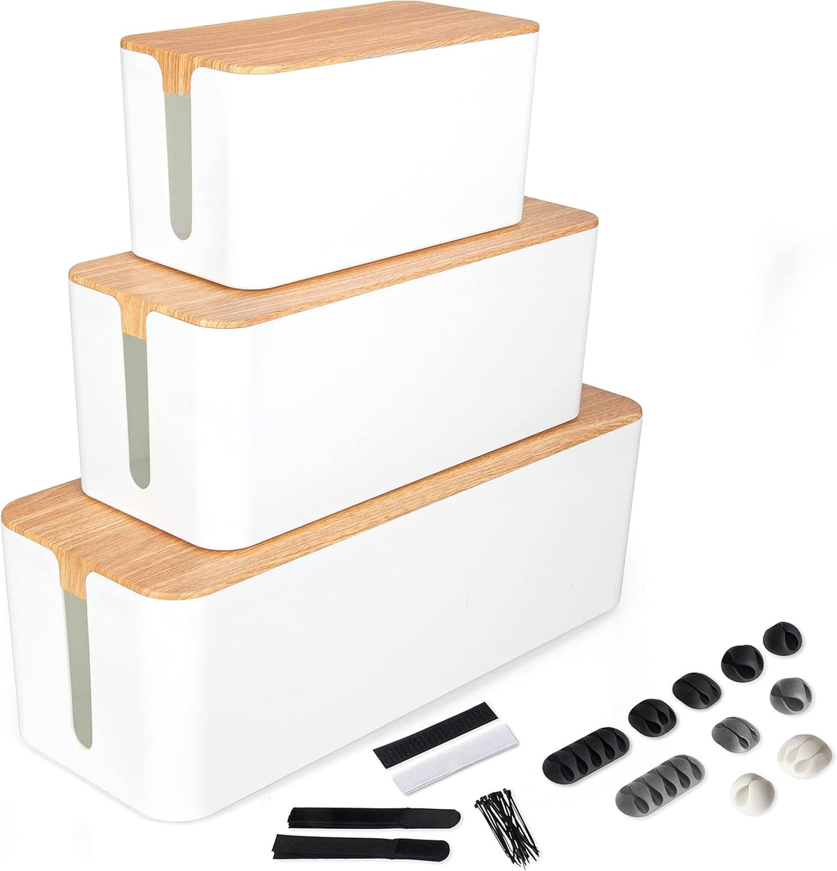 White Cord Organizer with Dark Wood Top, 3 Pack M1472