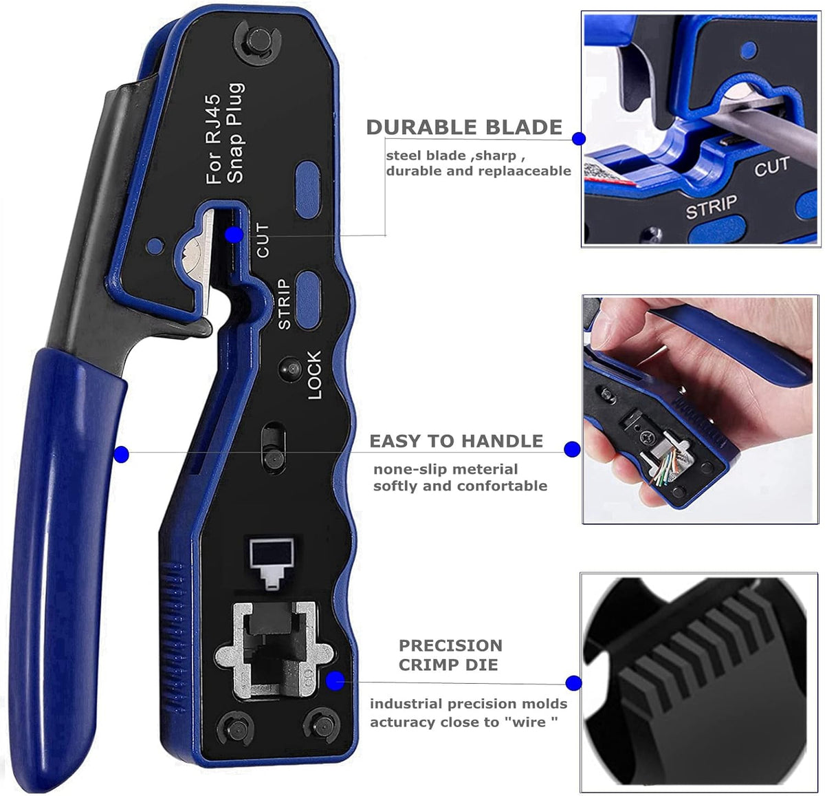 RJ45 Crimp Tool Ethernet Cable Crimper Wire Cutter Stripper Network Pass Through Crimping Tool Kit for Cat5e Cat6 Cat6a, 50Pcs Cat6 Connector & 50Pcs Cat6 Protector Cover K422