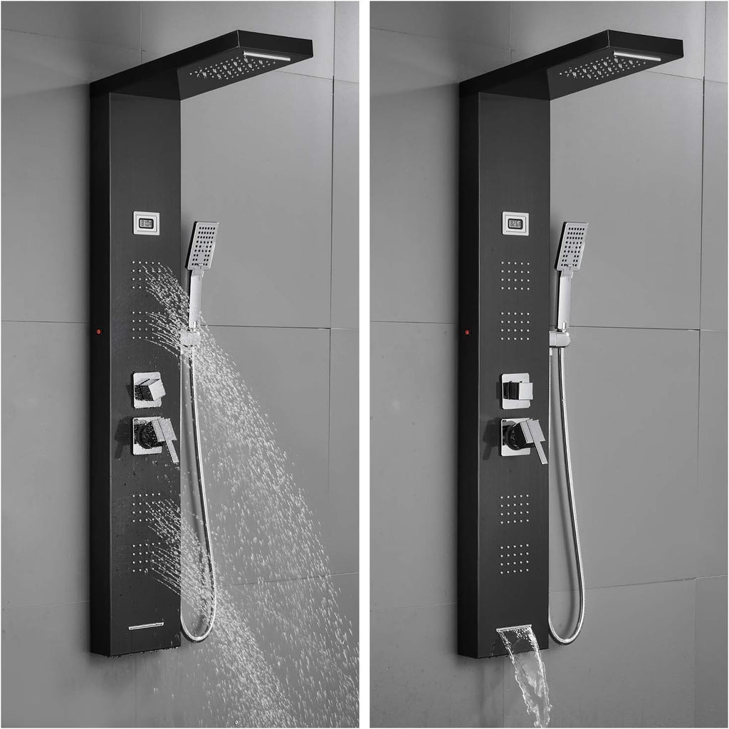 Stainless Steel Shower Panel Tower System with LED Rainfall Shower Head, Handheld Shower Head, 4 Body Jets, Tub Spout, Water Temperature Display R27405
