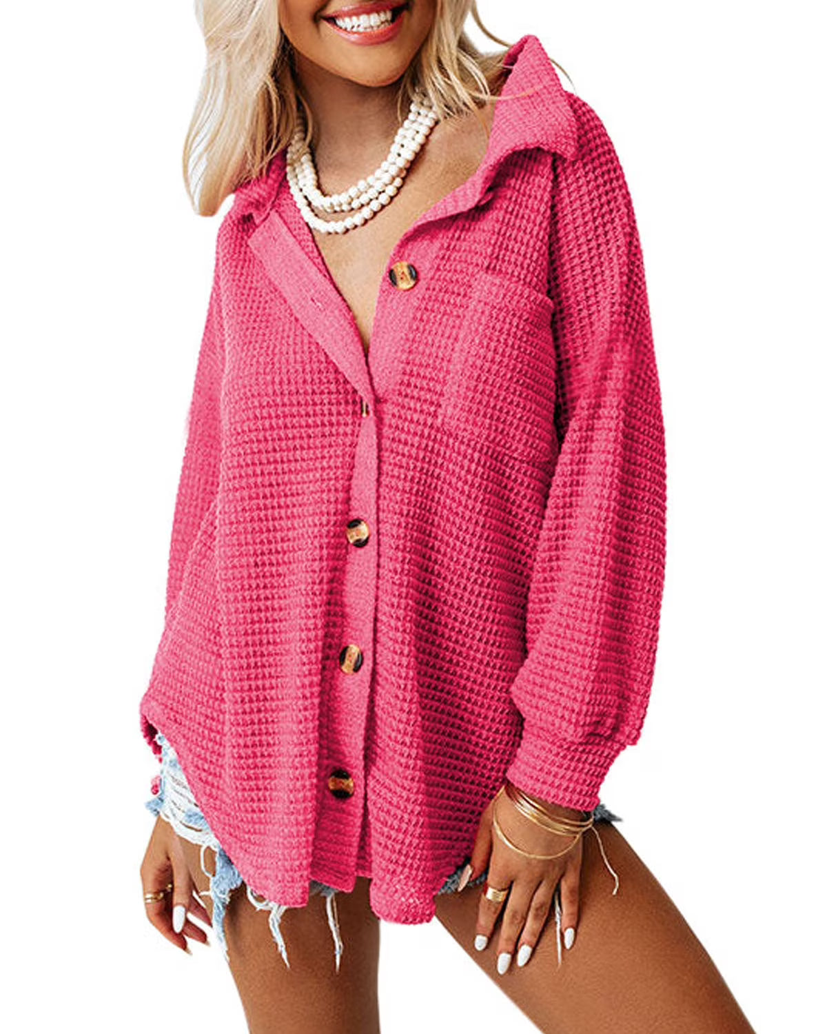 Pink Oversized Waffle Knit Shacket U35987