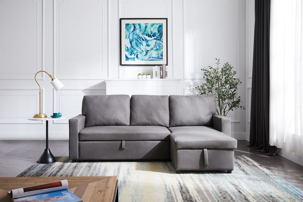 Stone Fabric Pull Out Sleeper Sofa Bed with Reversible Chaise U515