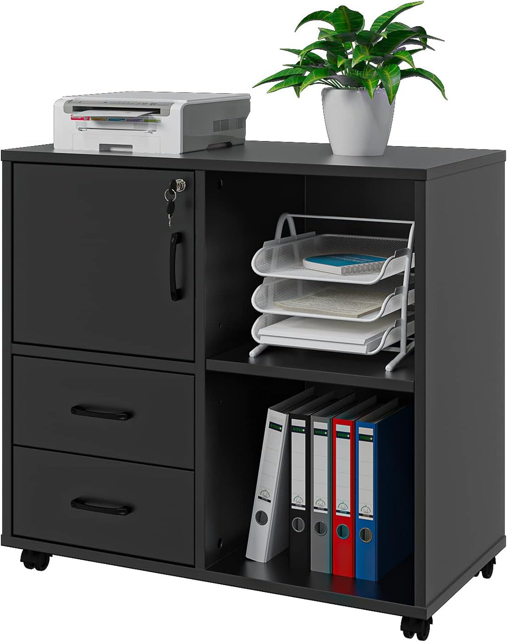 White Rolling Office Storage Cabinet with 2 Drawers and 3 Shelves Q88705