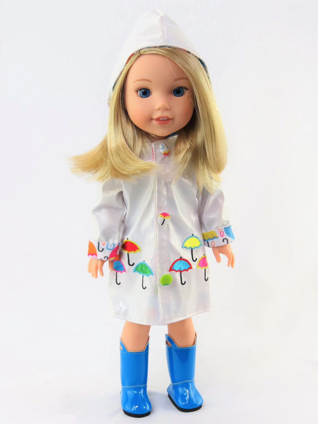 White Raincoat with Electric Blue Rain Boots For 14 Inch Dolls J22515