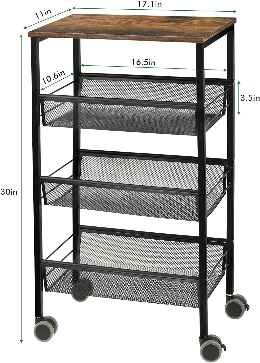 Black 3-Tier Rolling Kitchen Cart with Wooden Shelves J243