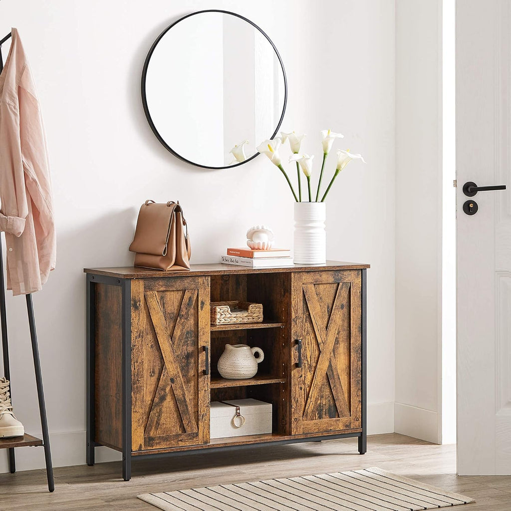 Rustic Brown and Black Buffet Cabinet with Barn Doors G39691