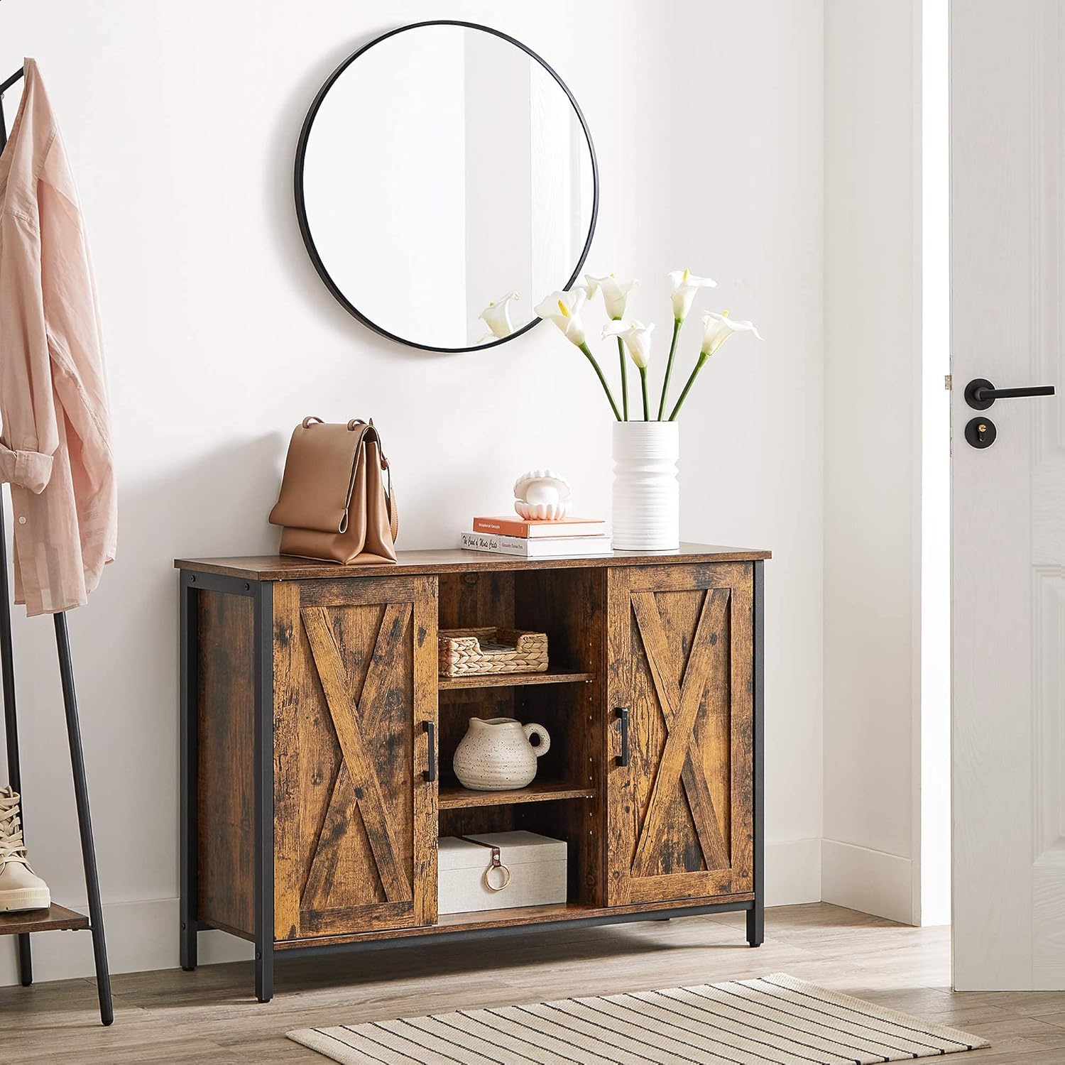 Rustic Brown and Black Buffet Cabinet with Barn Doors G39691