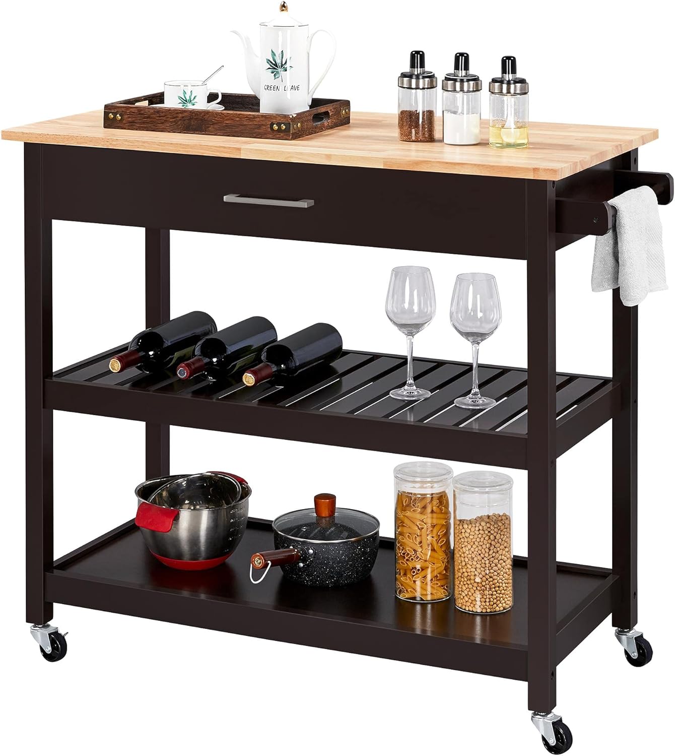Espresso 3 Tier Rolling Kitchen Cart with Storage Drawer and Shelves Q4147