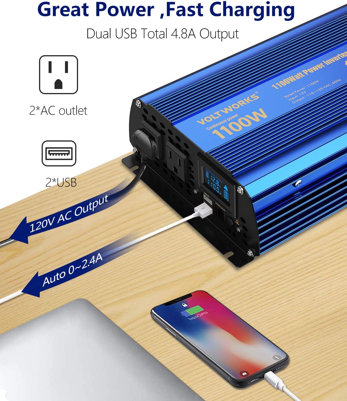 1100 watt DC 12V to AC 120V Modified Sine Wave Inverter with LCD Display Remote Control 2AC Outlets Dual 2.4A USB Ports X956515