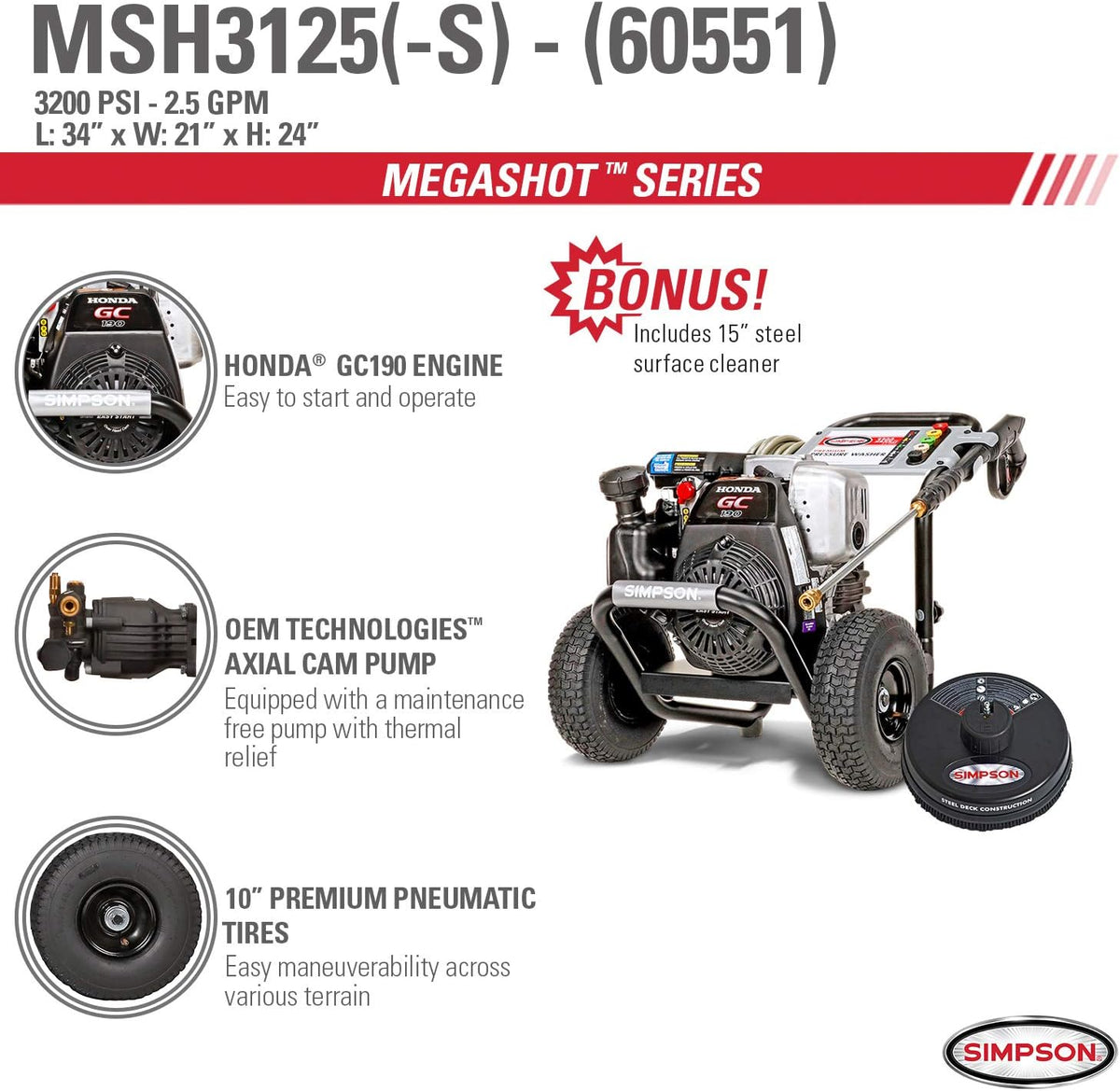 3200 PSI Gas Pressure Washer with Honda GC190, 2.5 GPM, 3/8" x 100' 4500 PSI Cold Water Hose W767518