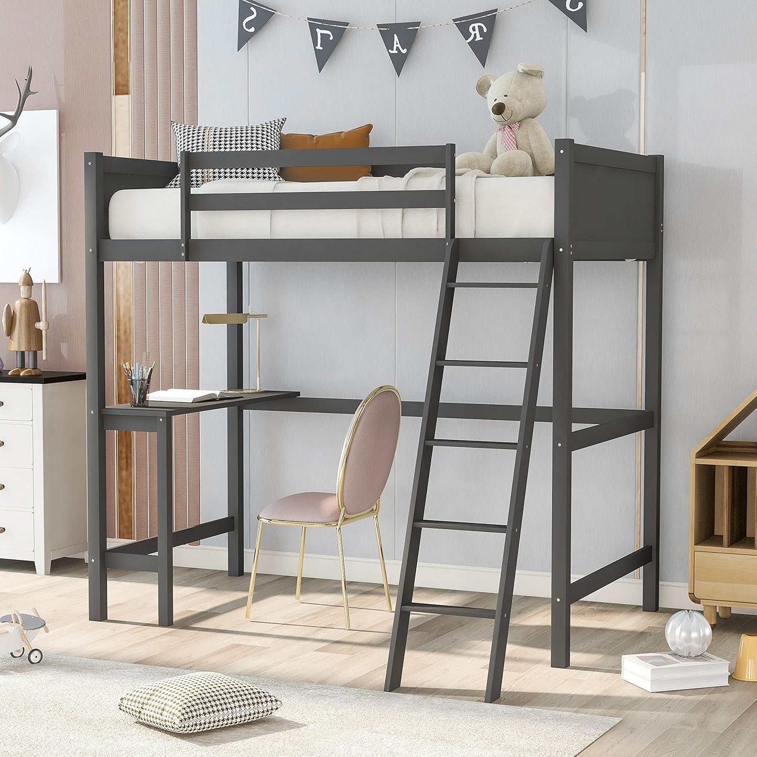 Twin Low Bunk Bed with Slide and Ladder, Black D8526