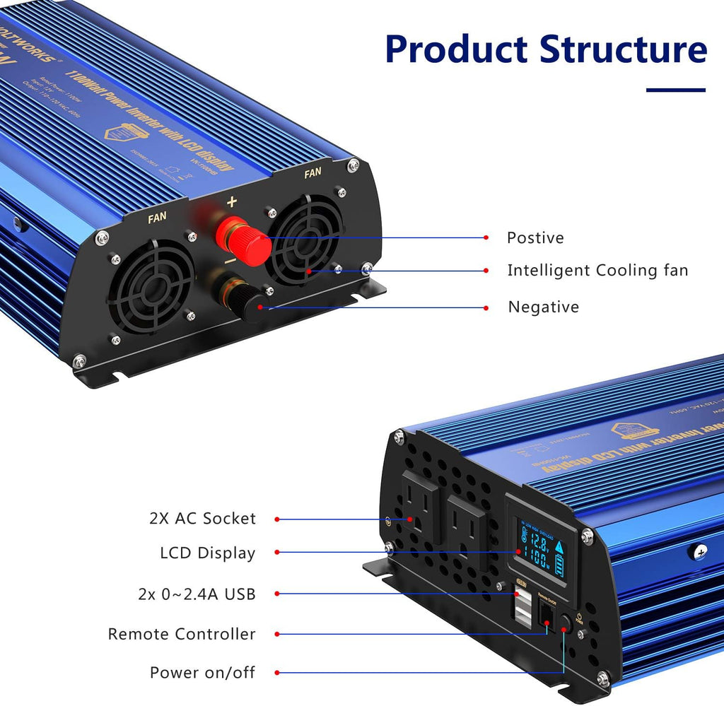 1100 watt DC 12V to AC 120V Modified Sine Wave Inverter with LCD Display Remote Control 2AC Outlets Dual 2.4A USB Ports X956515
