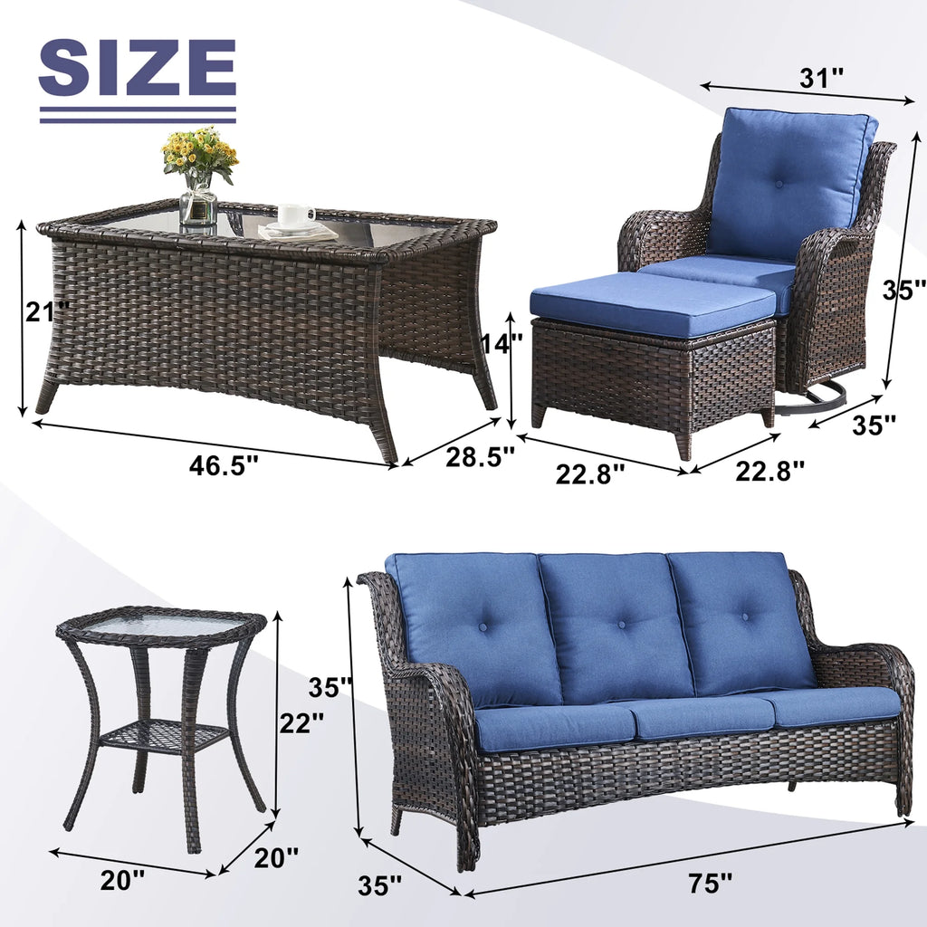 Blue 7 Pcs Outdoor Rattan Patio Furniture Set with Cushion Q5540