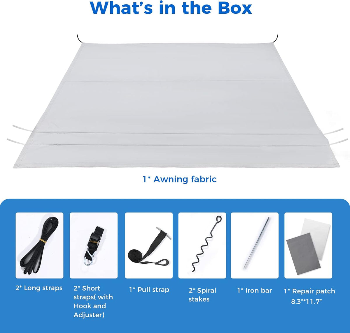 280GSM RV Awning Replacement Fabric with Awning Anchor Kits & Pull Tension Strap, Gray D3978