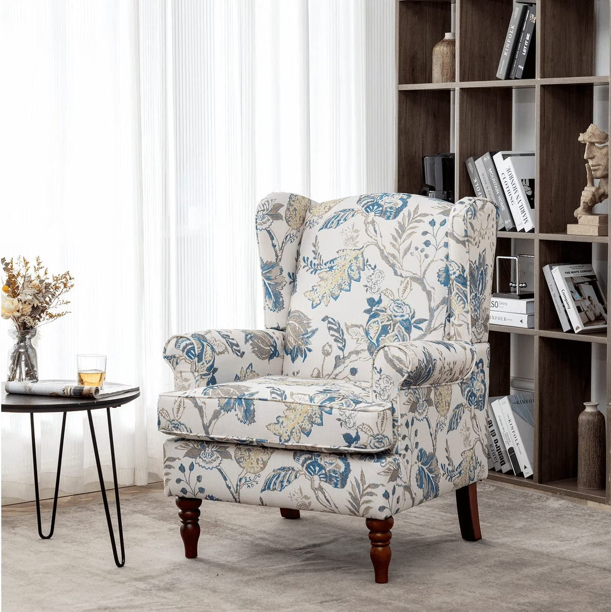 Blue Floral Print Upholstered Armchair P477