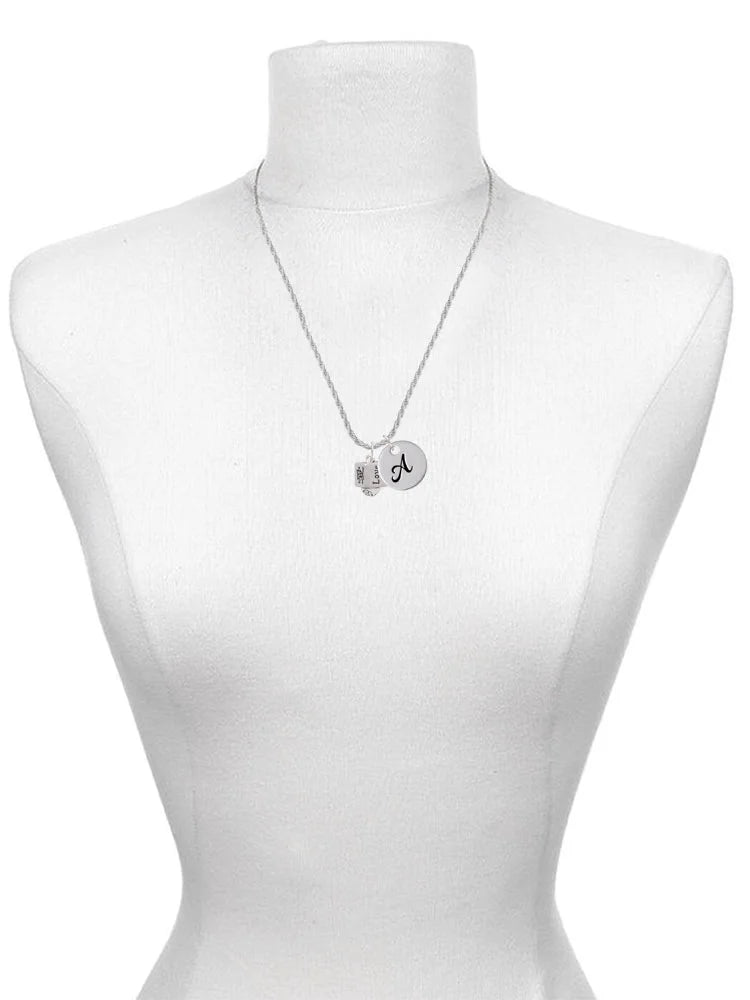 Silvertone Chinese Symbol Love Square Spinner Script Initial Disc Charm Necklace, 20"+3" F69145