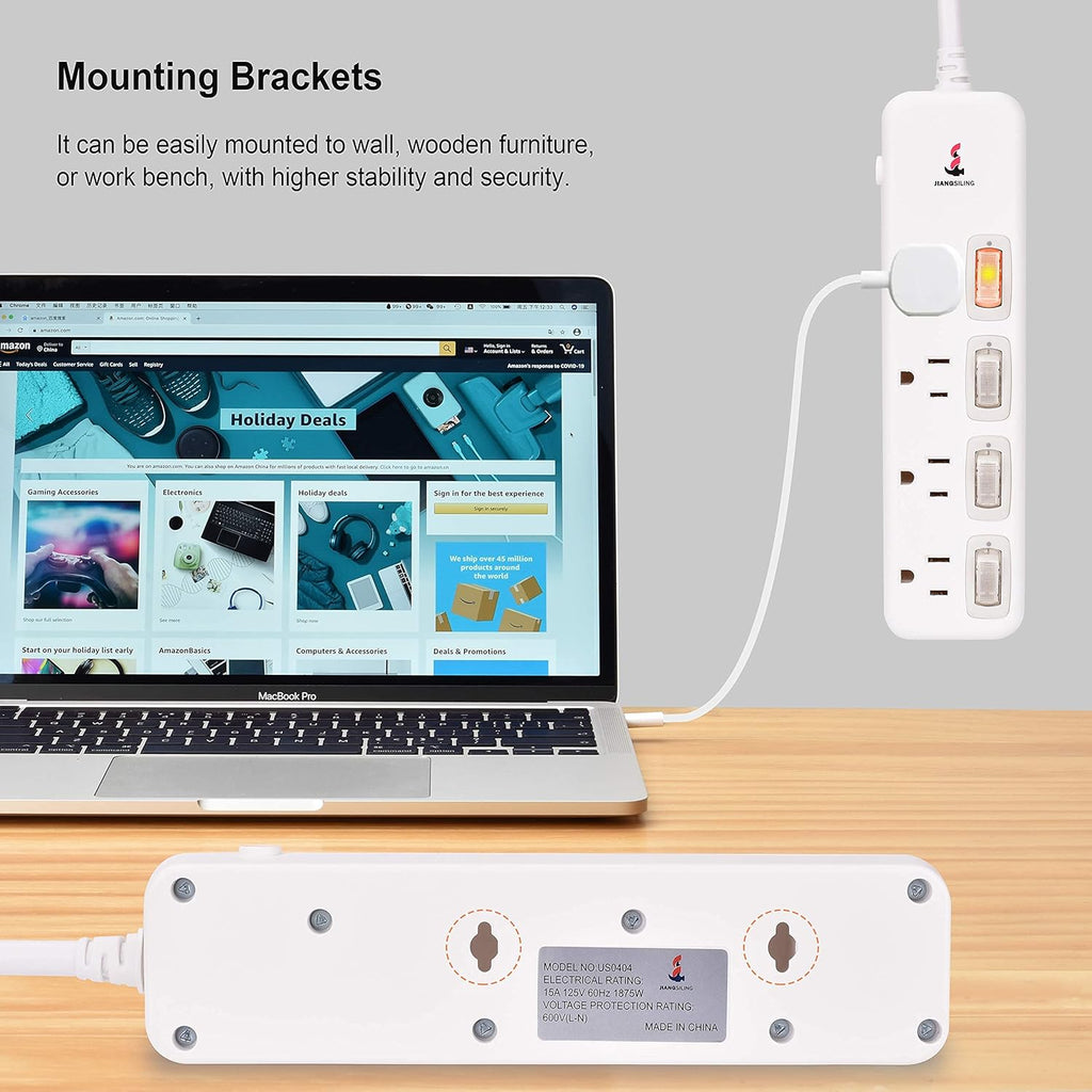 6 ft White Power Strip Surge Protector, 4 Outlets, Pack of 2 L446715