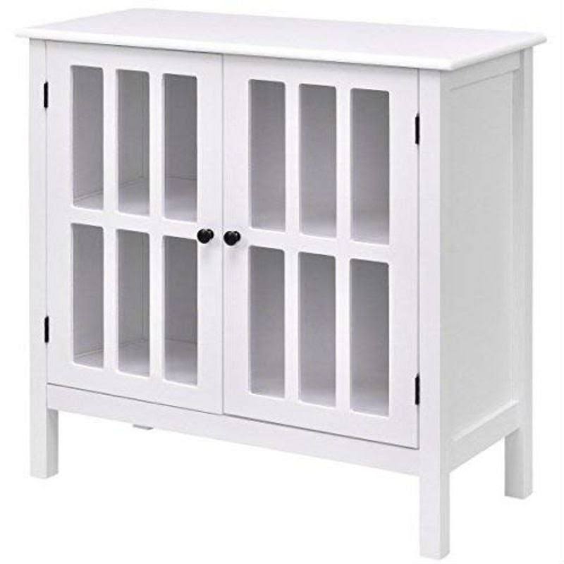 White Wood Bathroom Storage Floor Cabinet with Glass Doors H232186