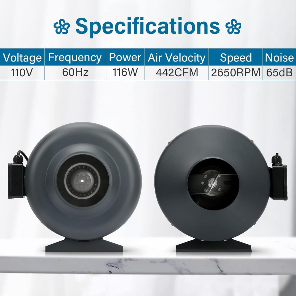 6 Inch 442 CFM Inline Fan with Carbon Filter and 25 Feet Aluminum Ducting T877