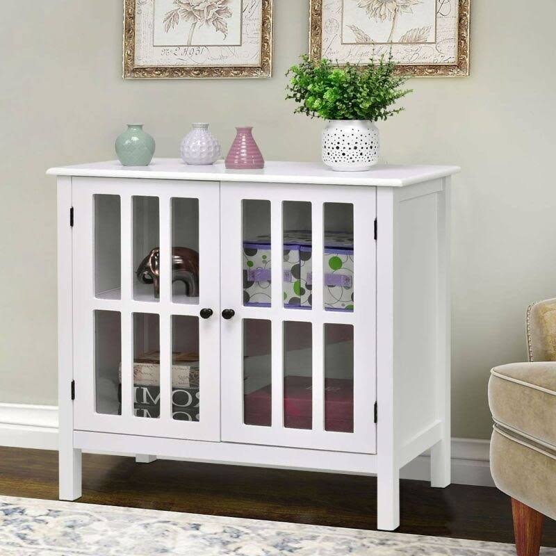 White Wood Bathroom Storage Floor Cabinet with Glass Doors H232186