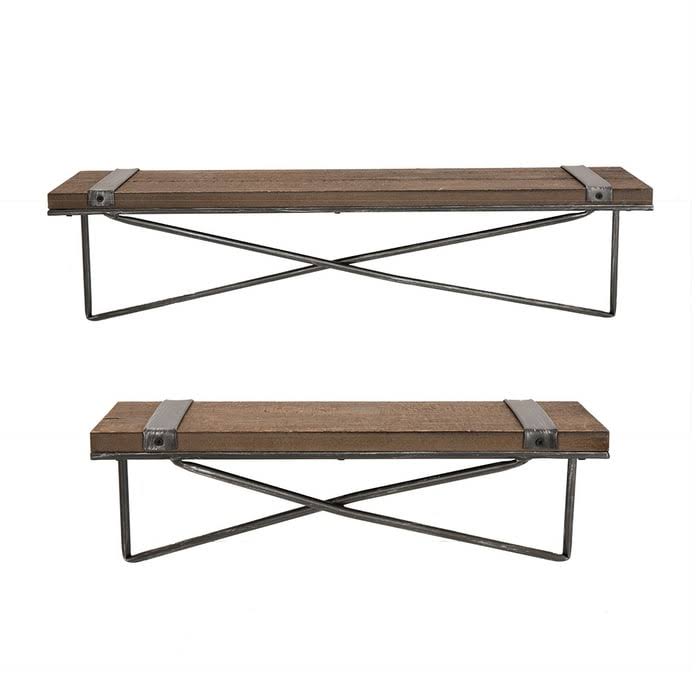 Farmhouse Rustic Metal Wooden Wall Shelf Set of Two E2866