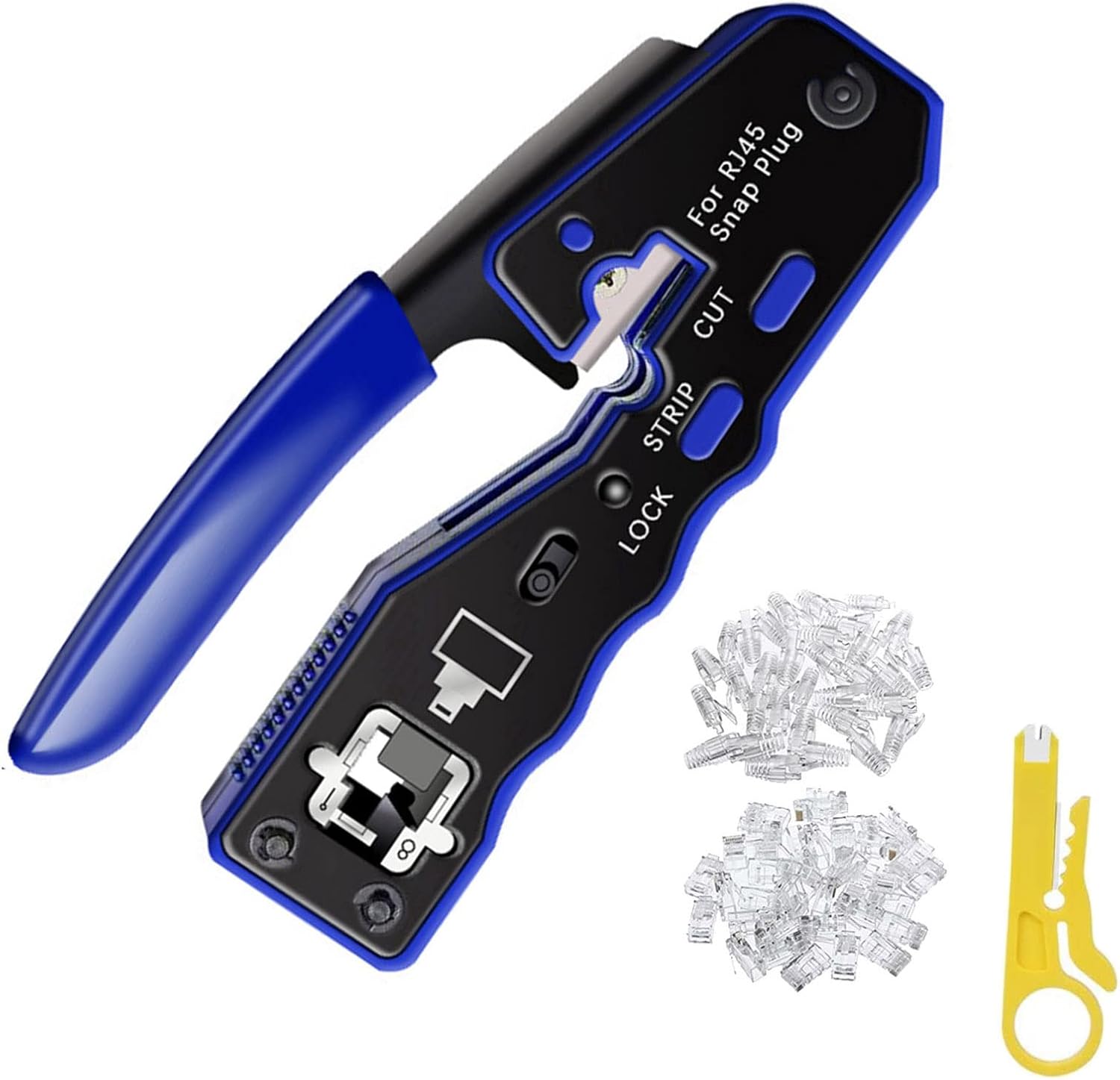 RJ45 Crimp Tool Ethernet Cable Crimper Wire Cutter Stripper Network Pass Through Crimping Tool Kit for Cat5e Cat6 Cat6a, 50Pcs Cat6 Connector & 50Pcs Cat6 Protector Cover K422