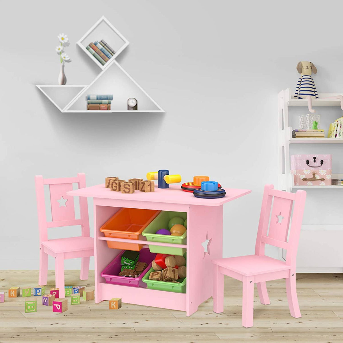 Kids Table and Chair Set with 4 Storage Boxes, 2 Chairs O566