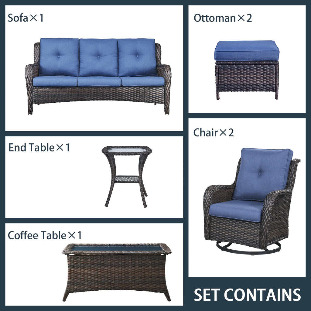 Blue 7 Pcs Outdoor Rattan Patio Furniture Set with Cushion Q5540