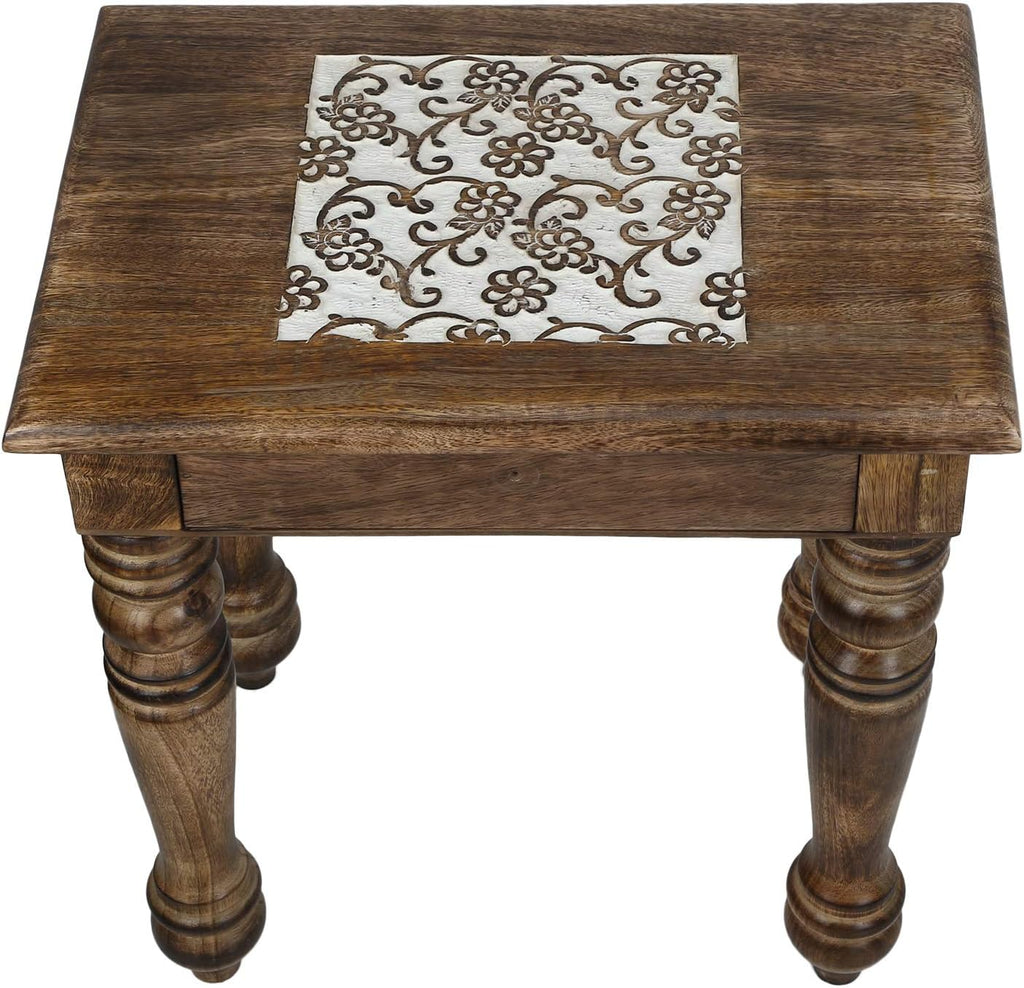 Wooden Side Table with Tree of Life Carved X317