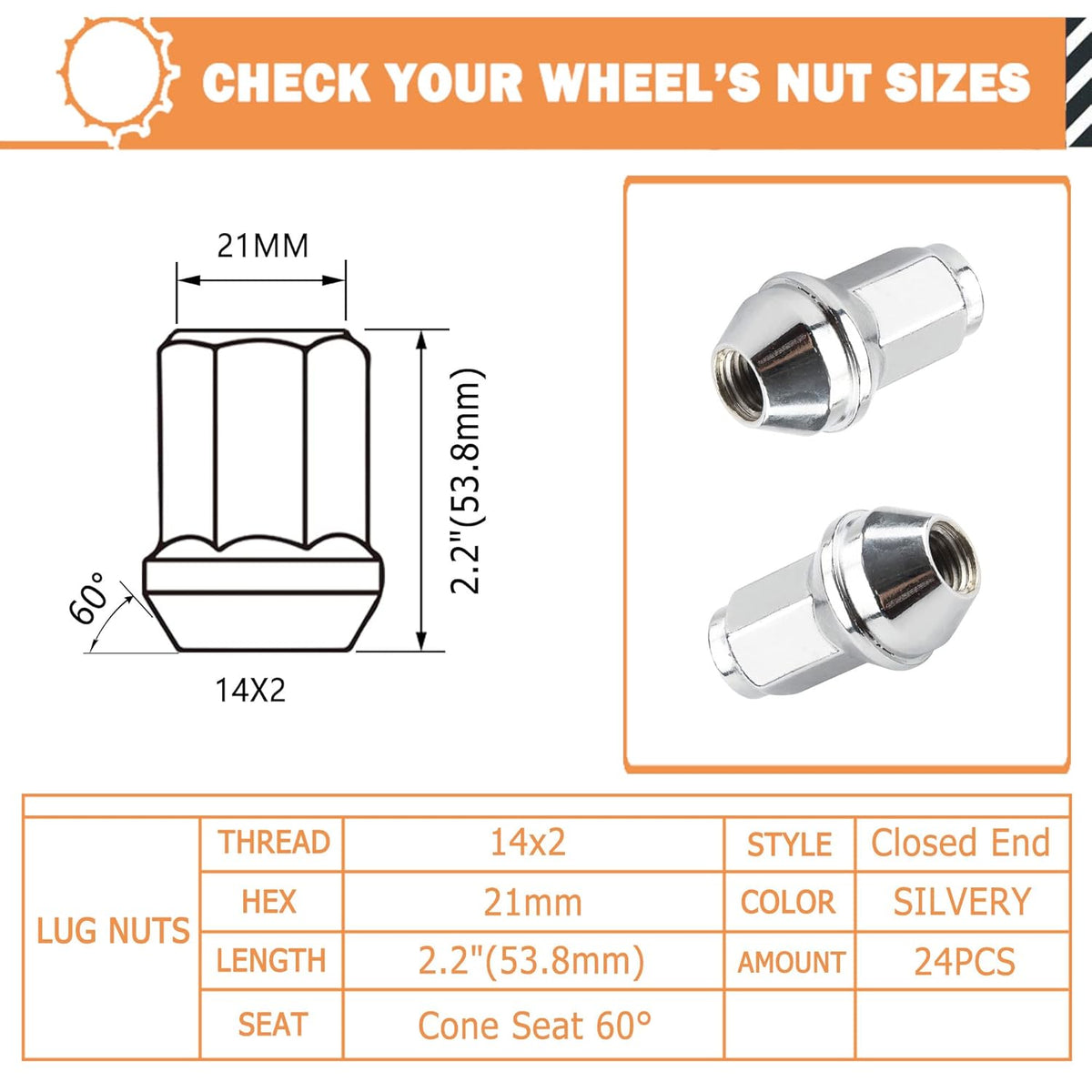 24PCS 13/16" Hex M14x2.0 Chrome Large Acorn Seat Lug Nuts X192698