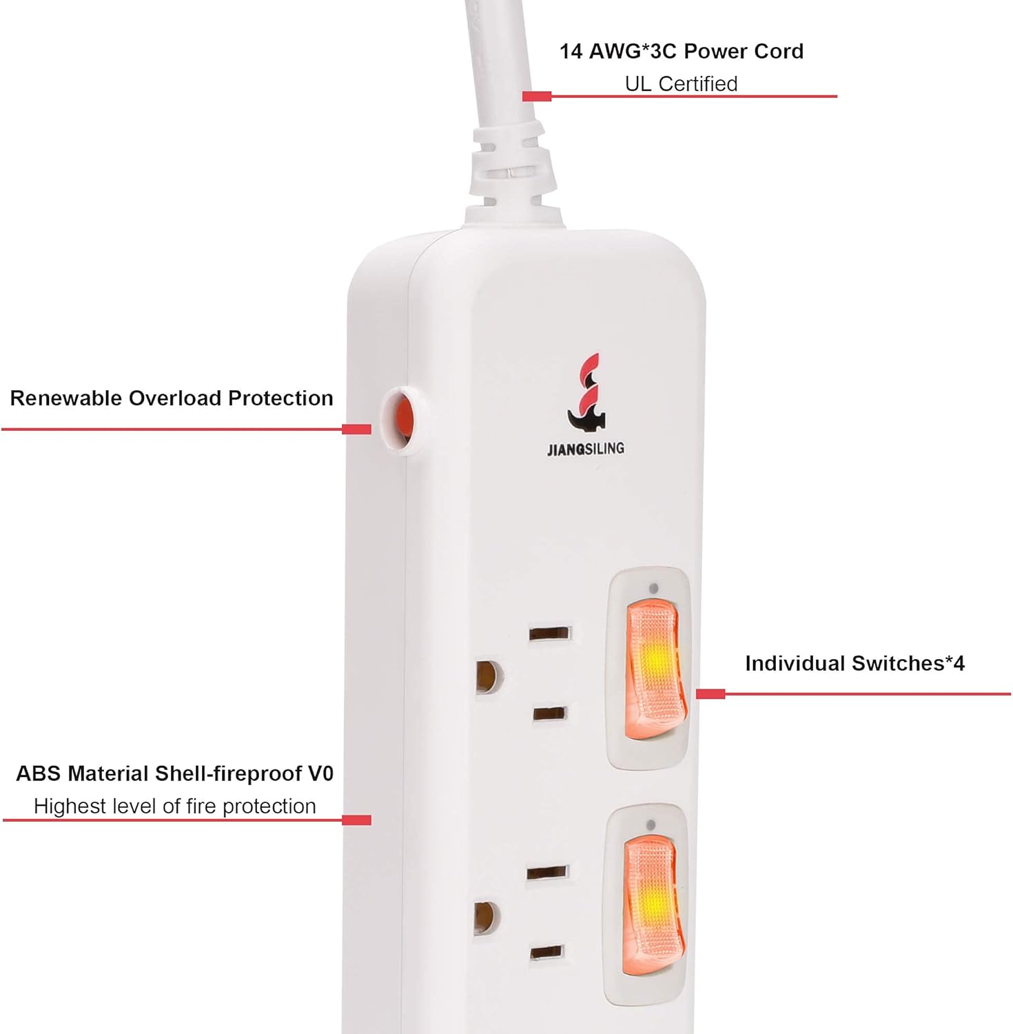6 ft White Power Strip Surge Protector, 4 Outlets, Pack of 2 L446715