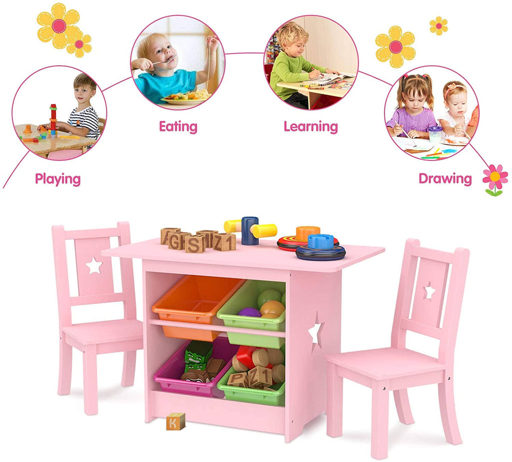Kids Table and Chair Set with 4 Storage Boxes, 2 Chairs O566