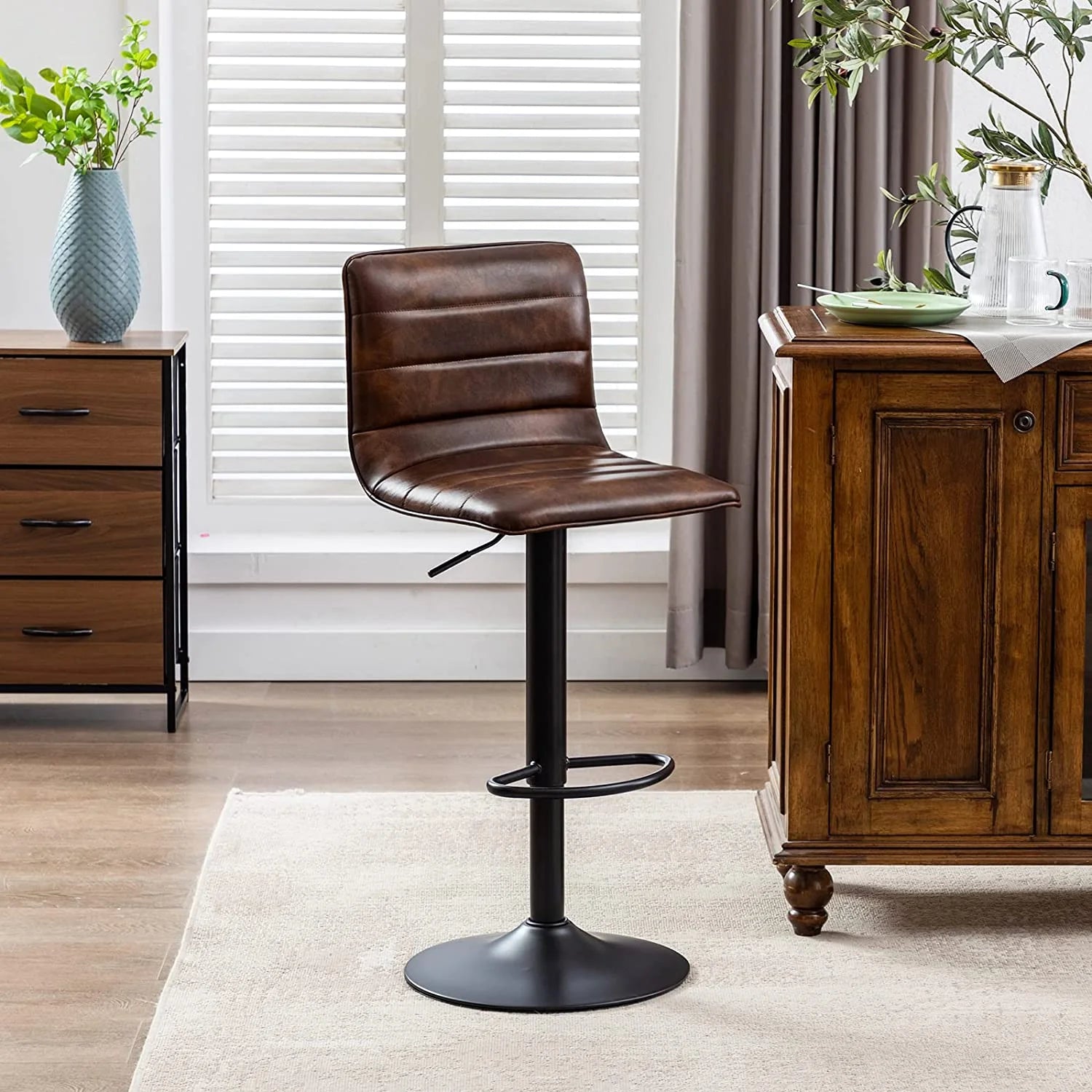Brown Leather Swivel Adjustable Bar Stool with Back D5429