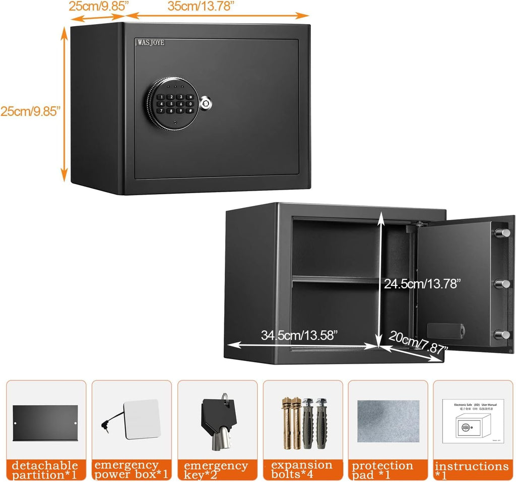 Security Safe Cash Box with Double Digital Keypad Key Lock (13.78 x 9.85 x 9.85 Inch) Z570146