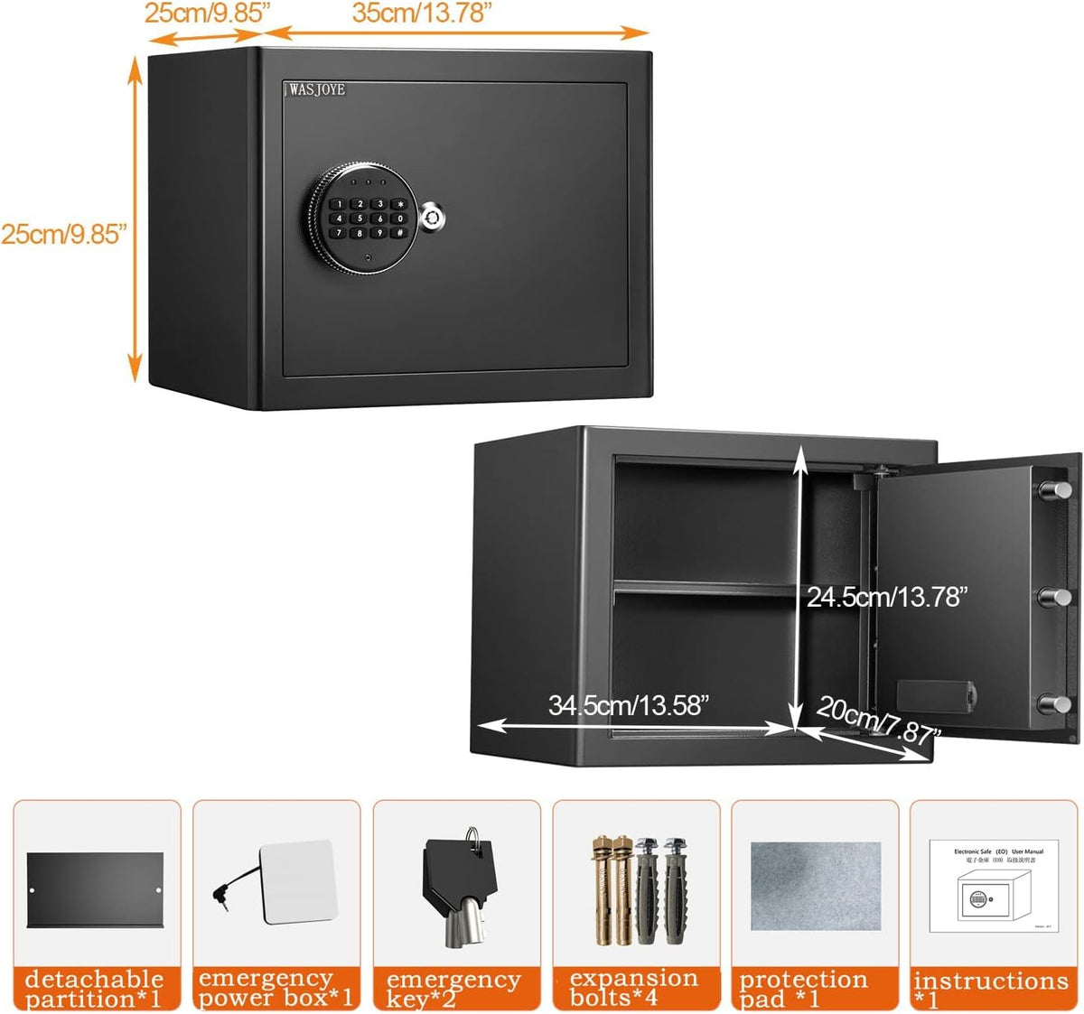 Security Safe Cash Box with Double Digital Keypad Key Lock (13.78 x 9.85 x 9.85 Inch) Z570146
