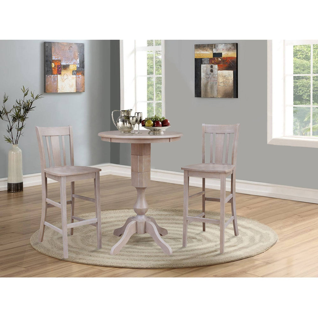 Washed Gray Taupe Round Pedestal Bar Height Table with 2 Bar Height Stools B567
