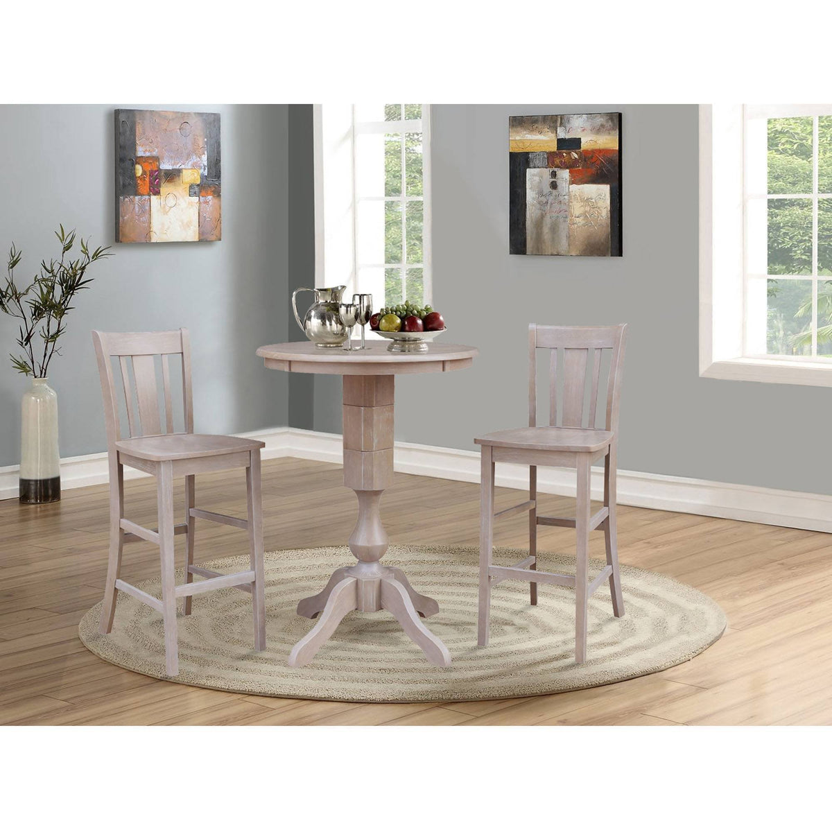 Washed Gray Taupe Round Pedestal Bar Height Table with 2 Bar Height Stools B567