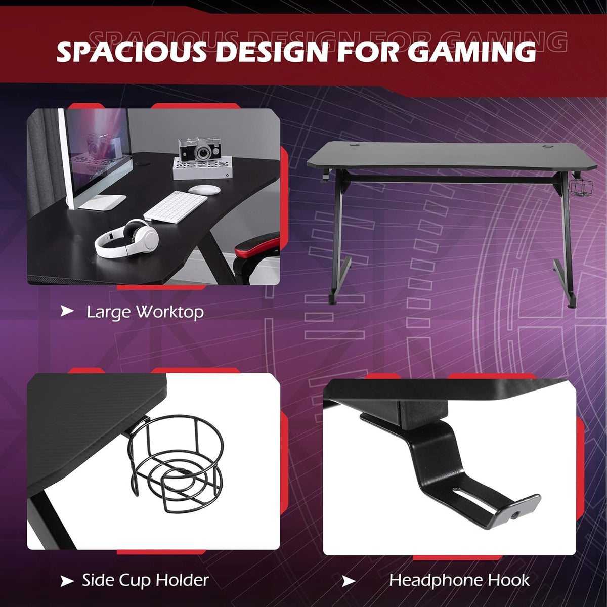 Black Gaming Desk with Cup Holder, Headphone Hook, Cable Management C8220
