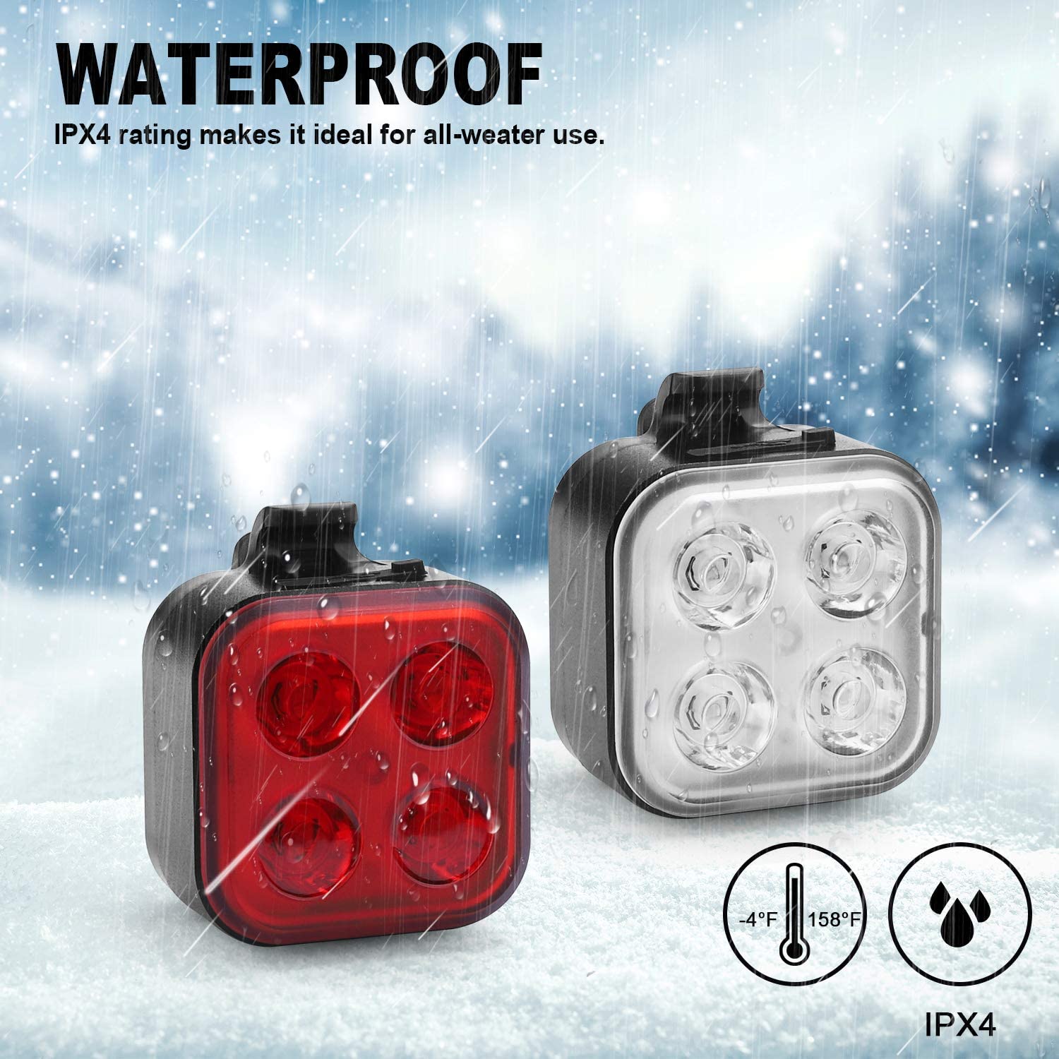 Rechargeable Bike Light Set, LED Bicycle Lights Front and Rear, 4 Light Mode, IPX4 Waterproof, 2 Pack Black X10623