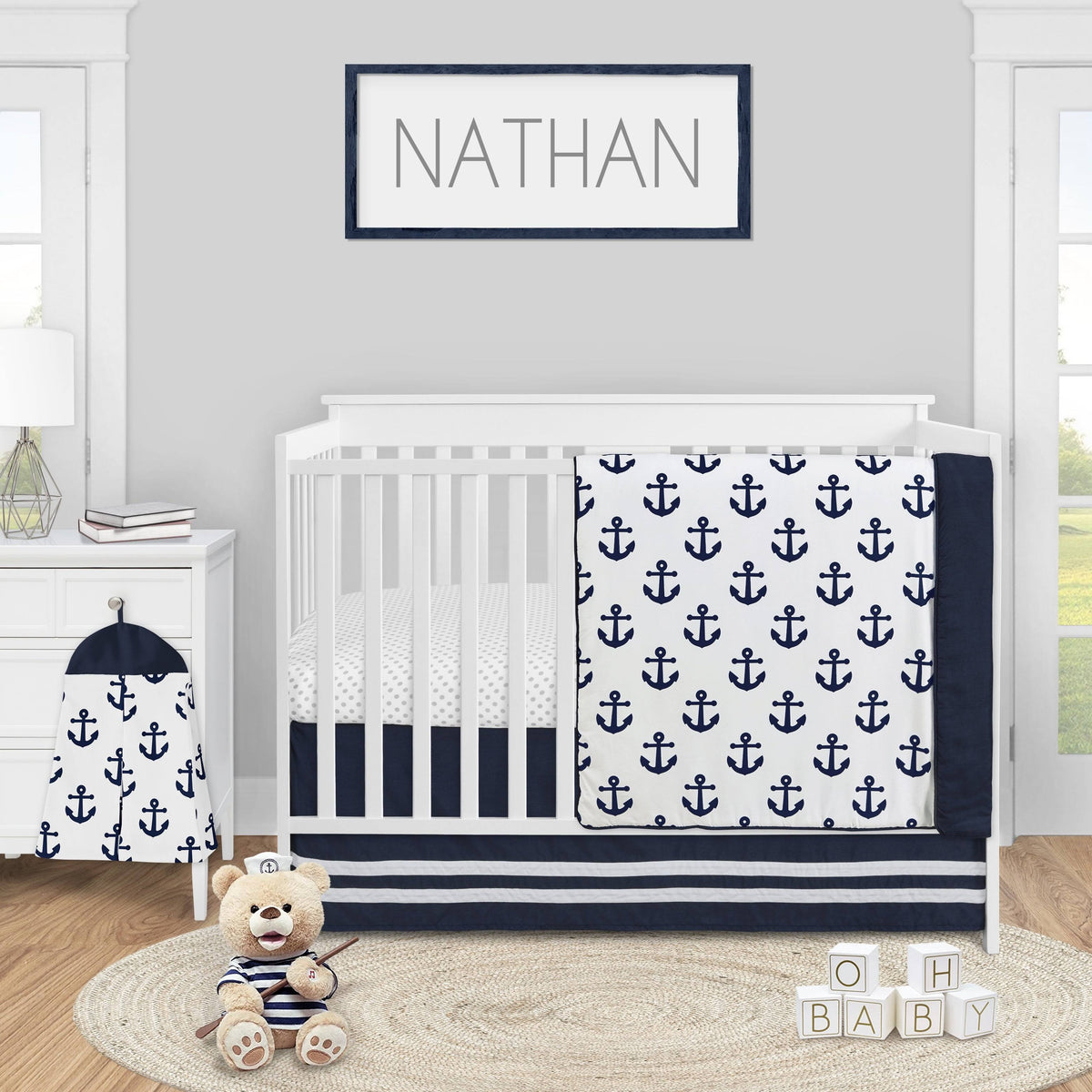 Navy Blue White Anchors 4 Pieces Crib Bedding Set B77172