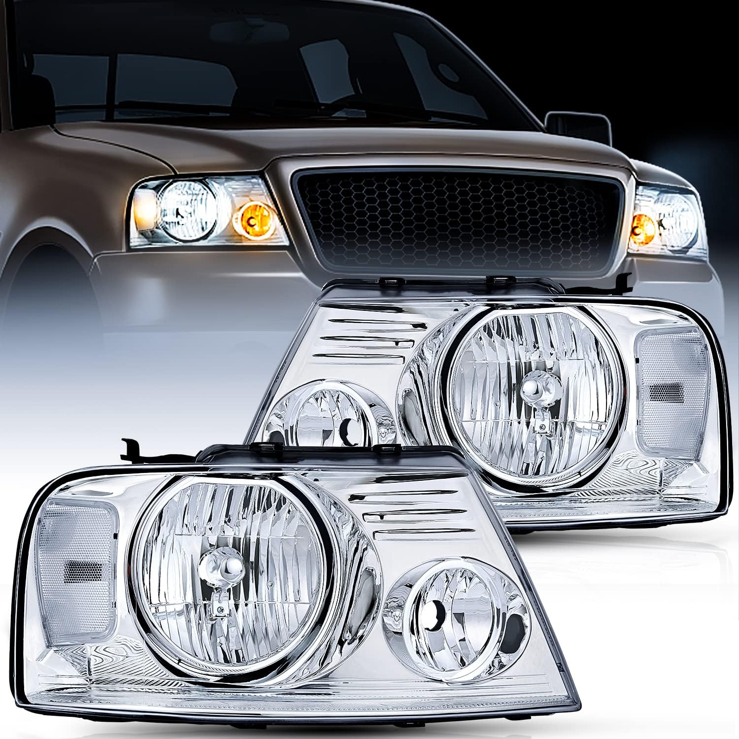 Chrome Housing Amber Reflector Headlight Assembly Replacement B529