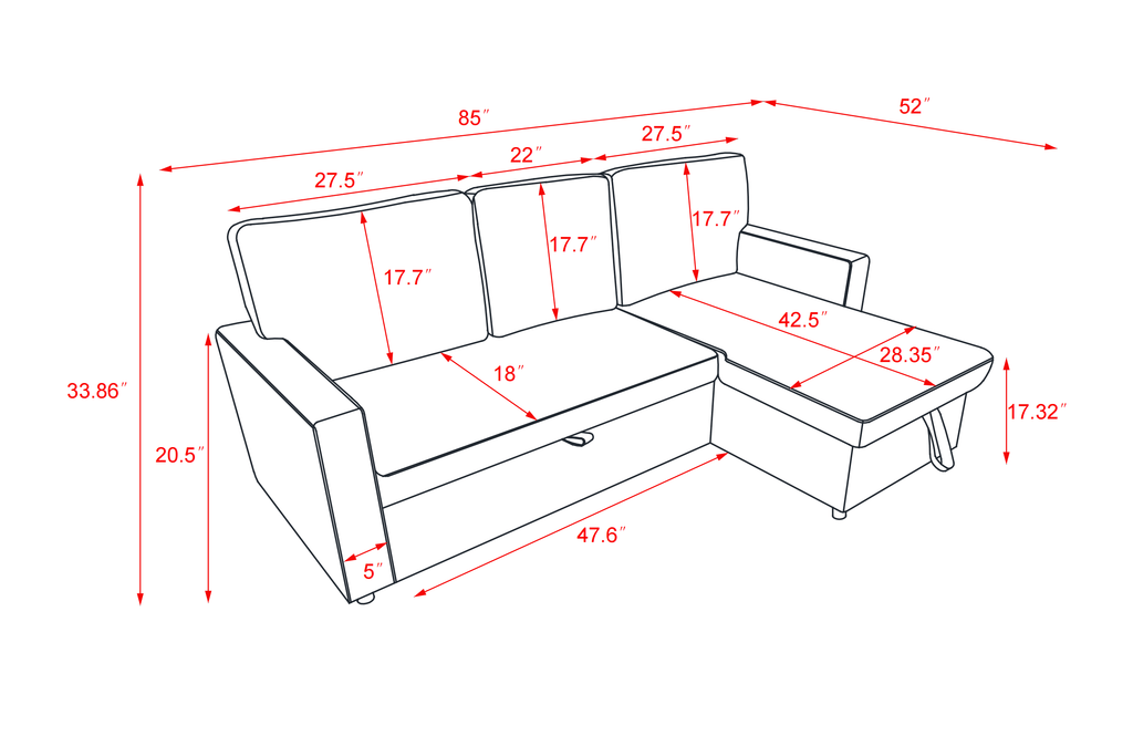 Stone Fabric Pull Out Sleeper Sofa Bed with Reversible Chaise U515