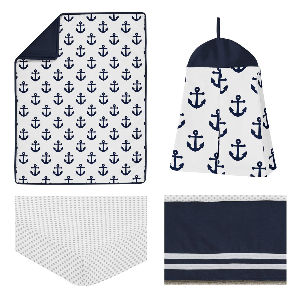 Navy Blue White Anchors 4 Pieces Crib Bedding Set B77172