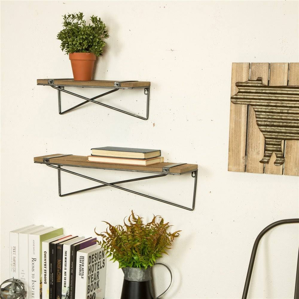 Farmhouse Rustic Metal Wooden Wall Shelf Set of Two E2866