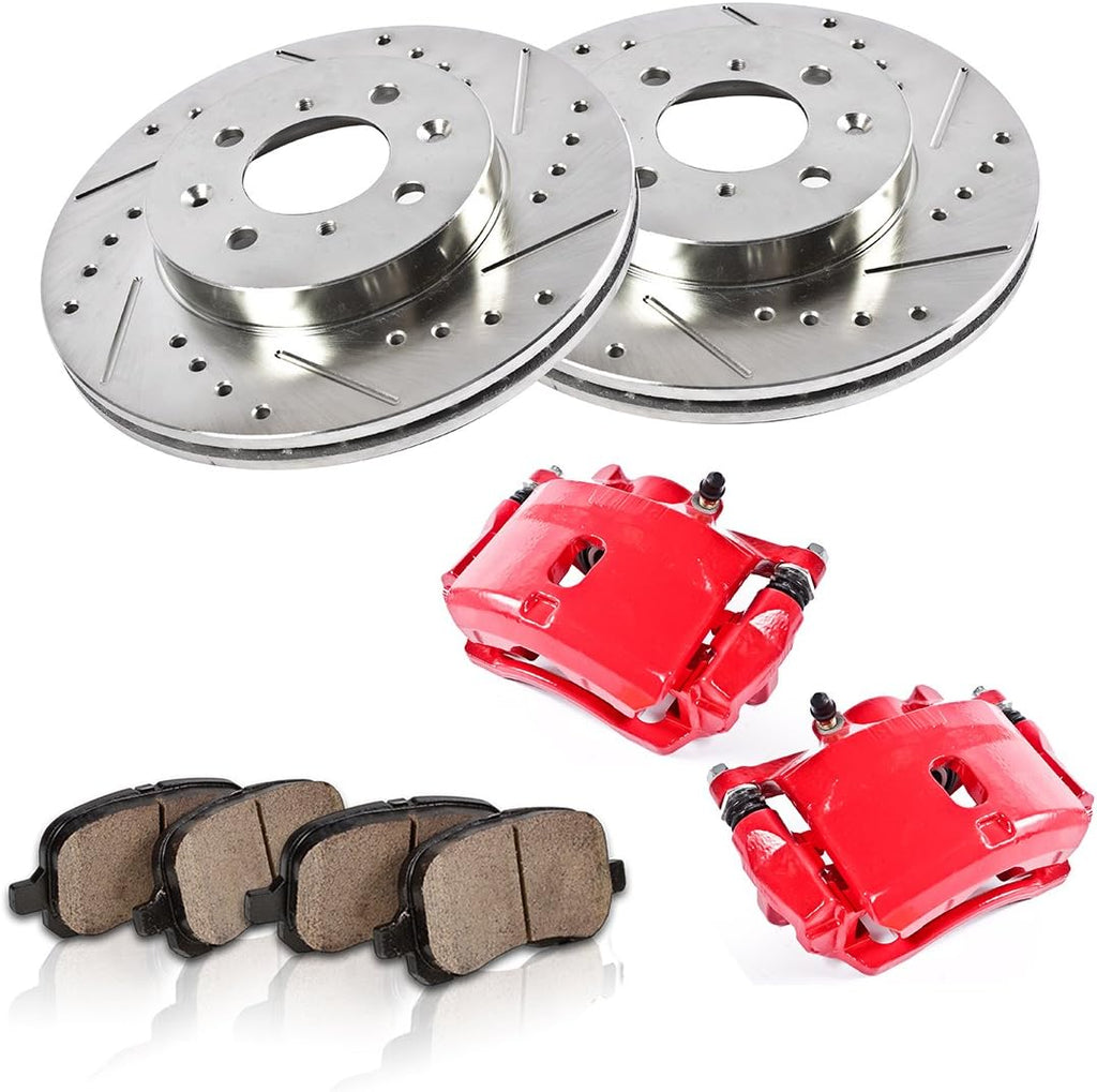 Powder Coated Red Calipers Rotors Ceramic Pads Performance Kit N28198